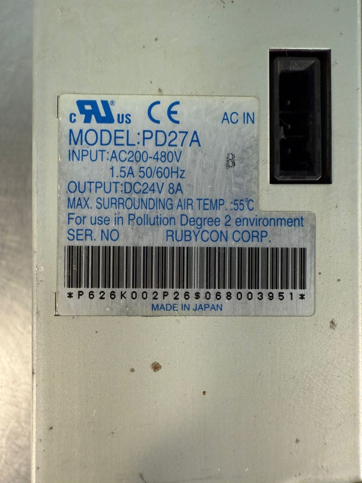 Rubycon Power Supply PD27A Inp. AC200-480V 1.5A 50/60 Ou: DC24V 8A (8.3.1)