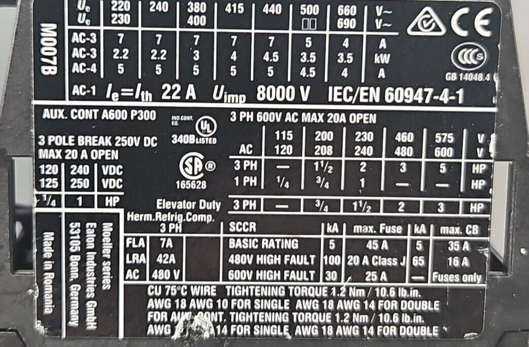 Eaton DIL M7-10 XTCE007B10 Starter Man/Auto Reset                        loc4C13