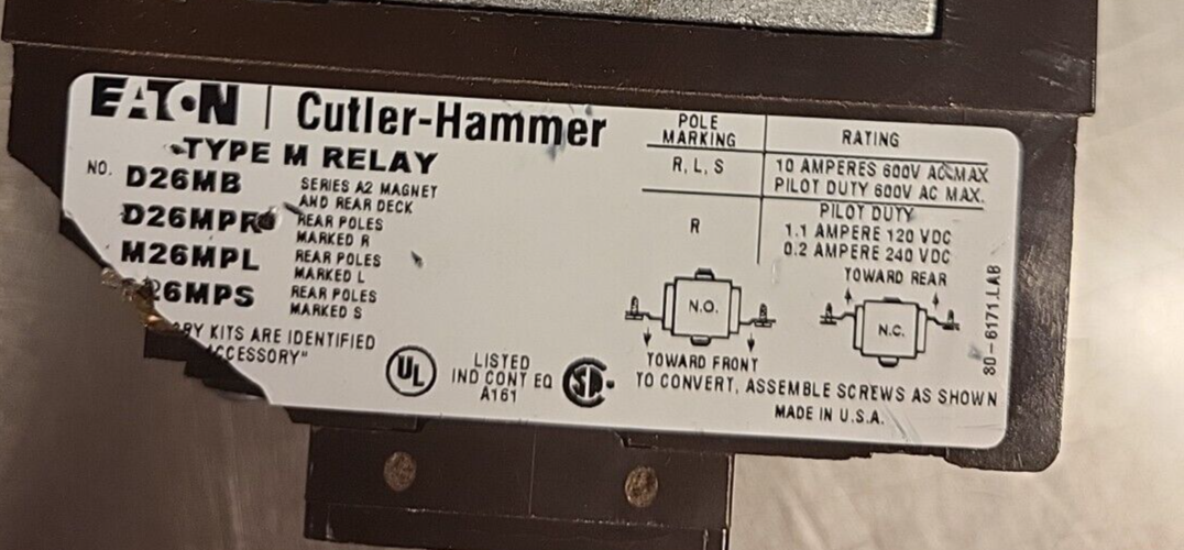 Cutler Hammer  D23MB D26MPR D26MPL  D26MPS Type M Relay  (BIN3.5.1)
