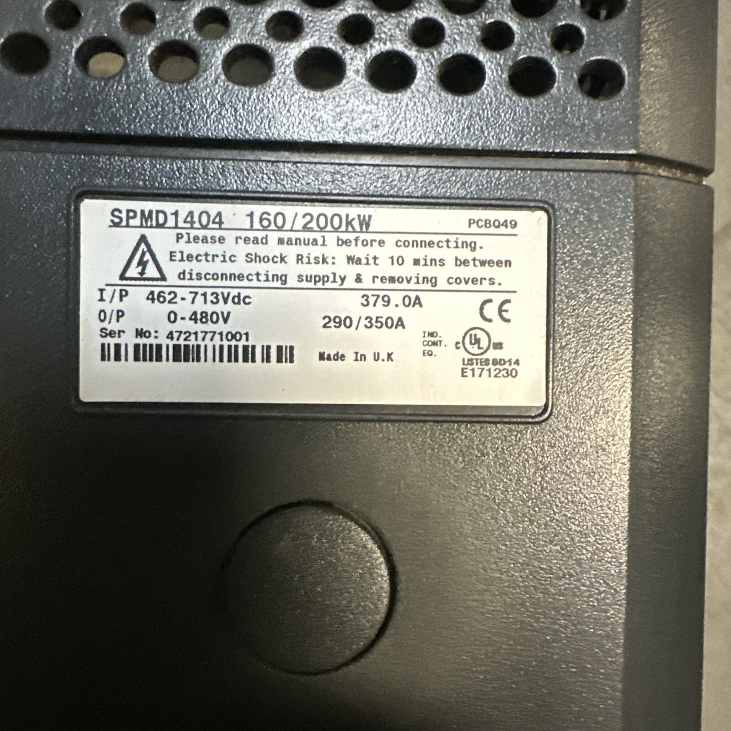 SPMD1404 Emerson Control Techniques VFD, 160/200kW, O/P 0-480V, 290/350A (7.6.2)