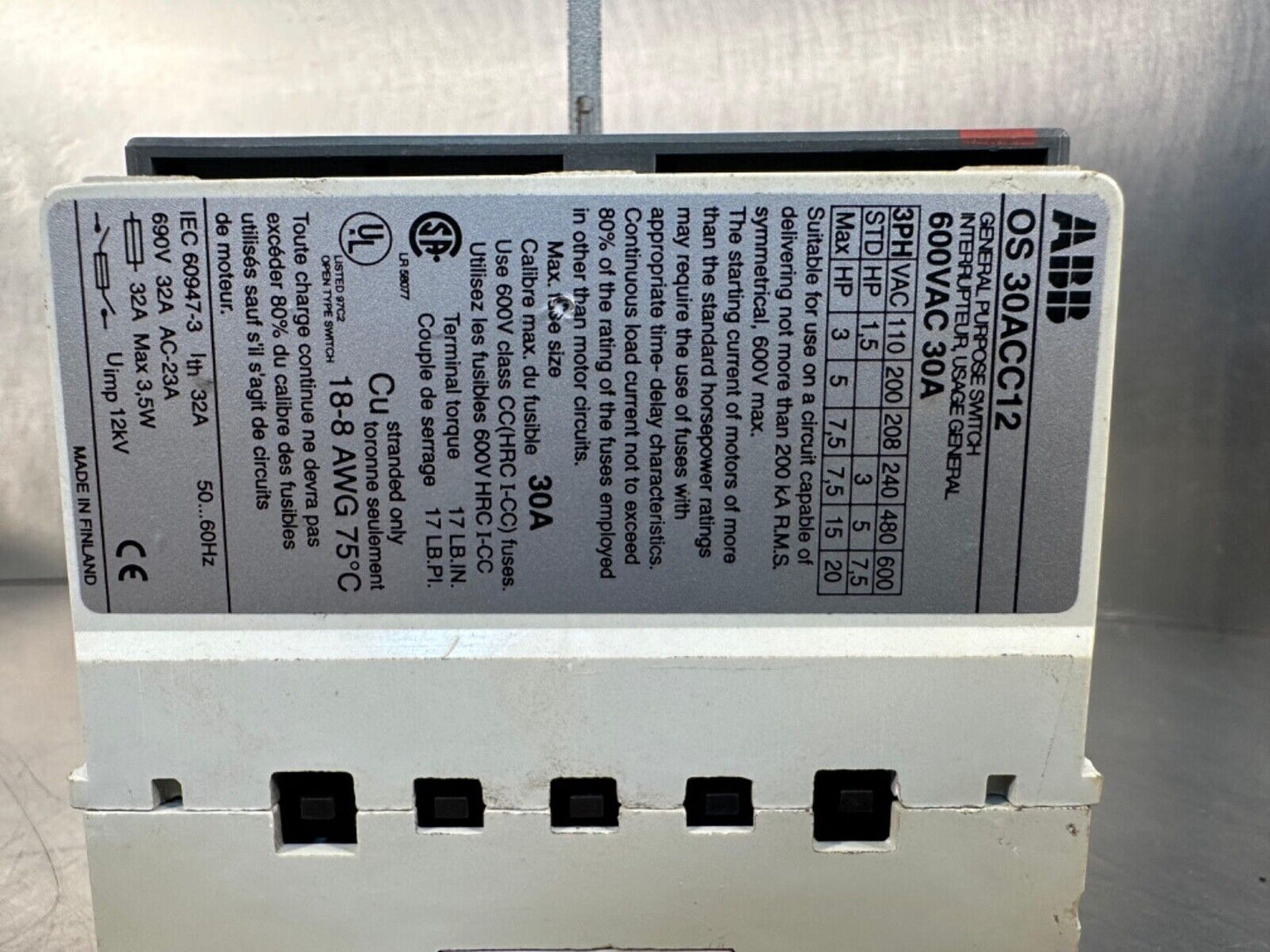 Abb Os-30ACC12 600VAC 30A Fused S. w/3-Ferraz Shawmut ATMR20 20A (4C-39)