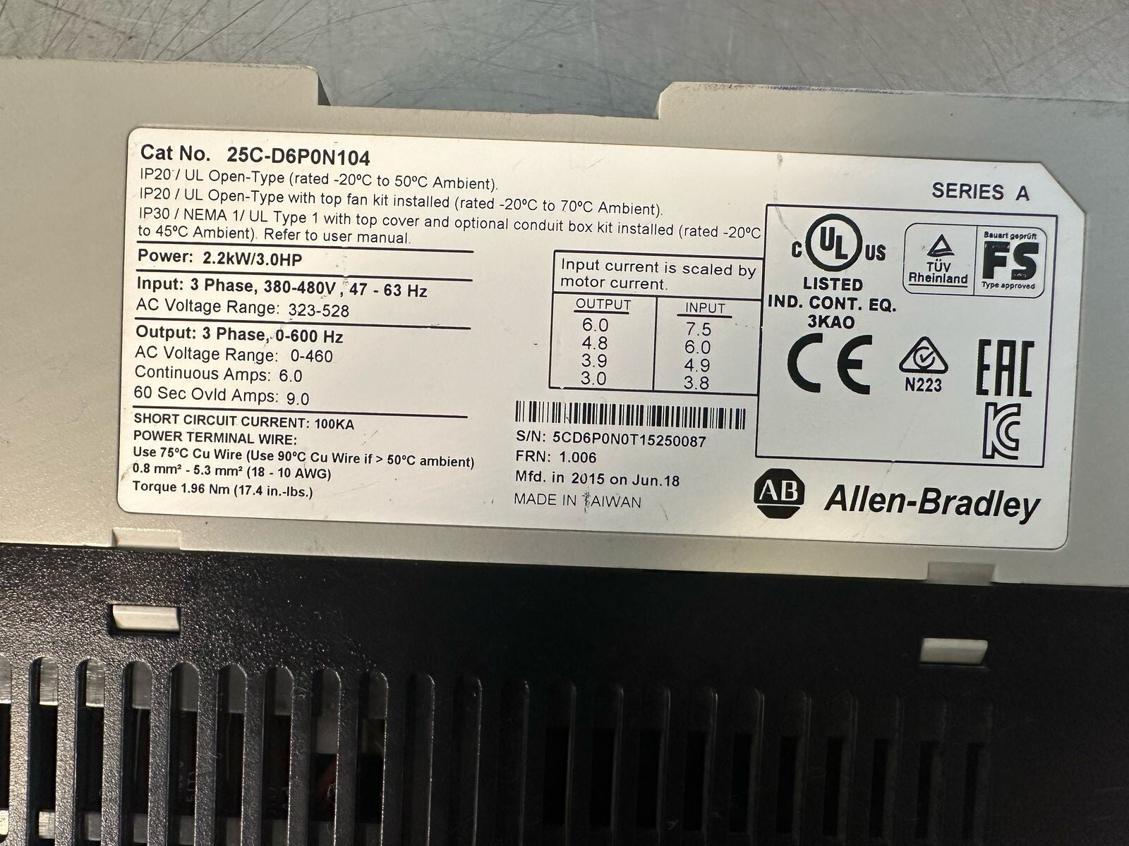 Allen Bradley 25C-D6P0N104 POWERFLEX  2.2kW / 3.0HP             (7.4.4)