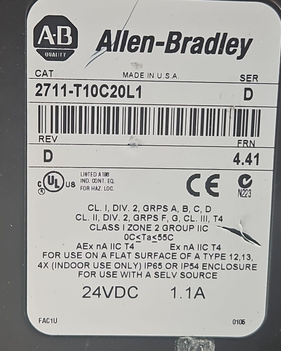 Allen Bradley 2711-T10C20L1 Ser D Panel View 24VDC 1.1A                 (BIN752)