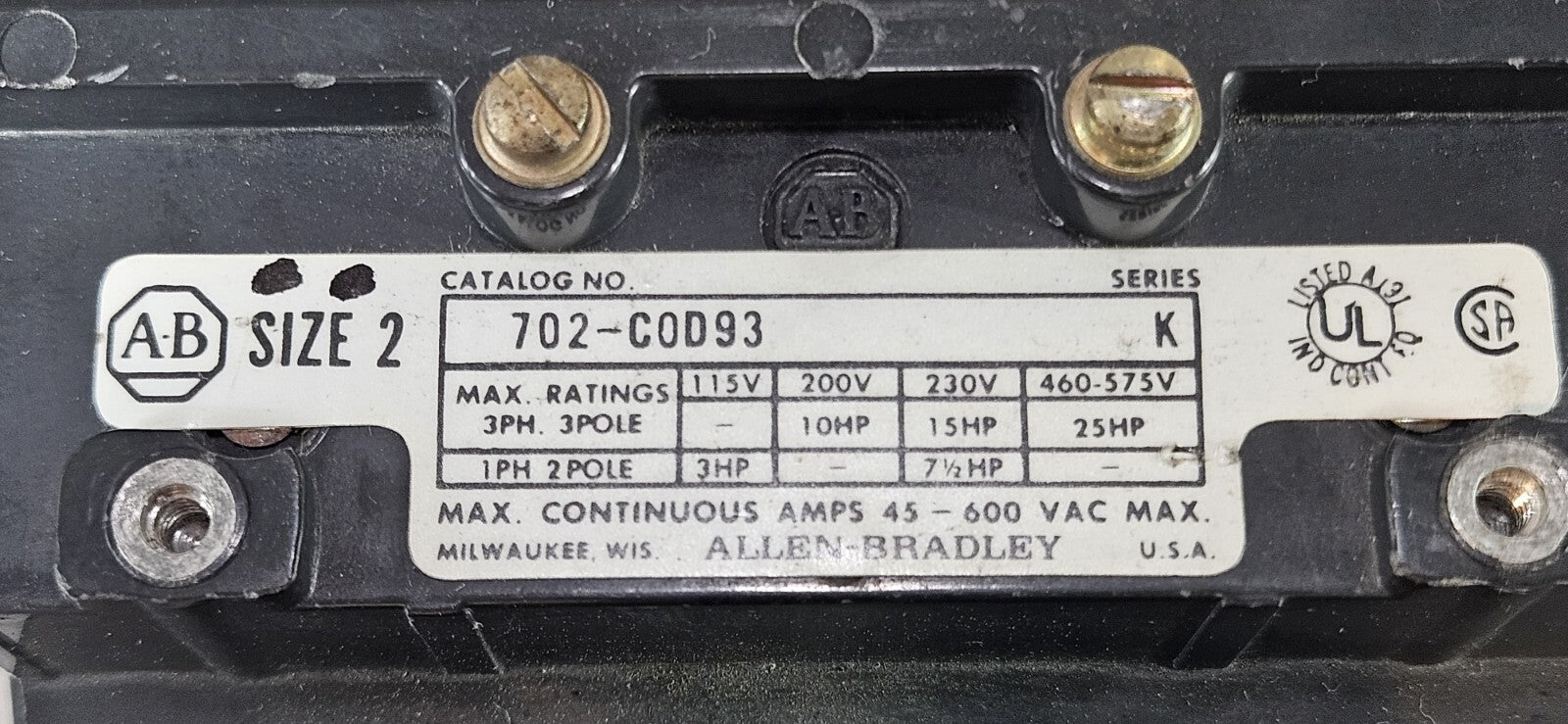 Allen Bradley 702-C0D93 Starter 3PH 3 Pole 45-600 VAC Max.              (BIN742)