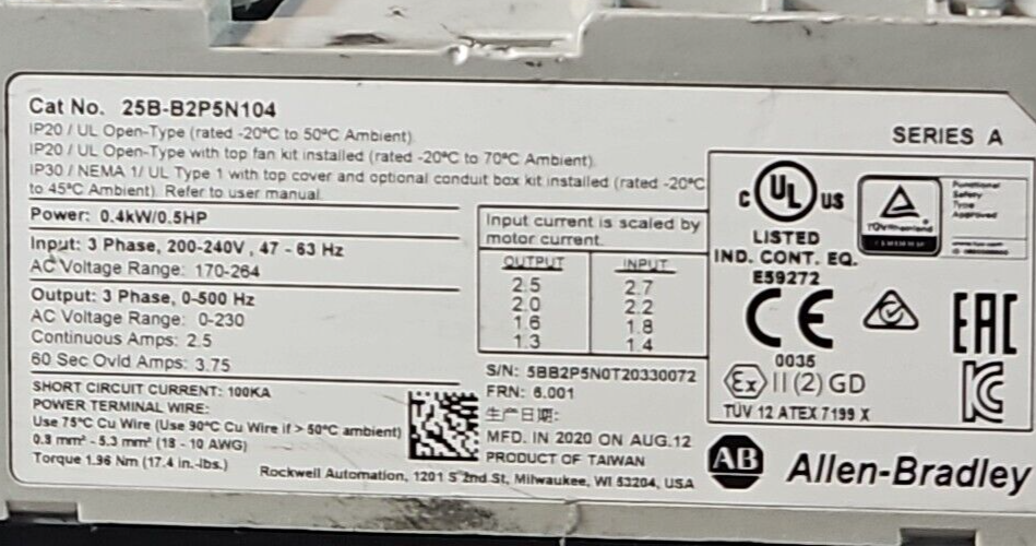 Allen Bradley 25B-B2P5N104 PowerFlex 525 0.4kW (0.5Hp) AC Drive         (BIN741)