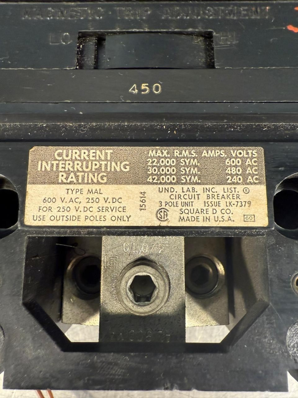 Square D MAL36450 CIRCUIT BREAKER 600V.ac 250v.dc MAL36450-1121  (12.6.4)