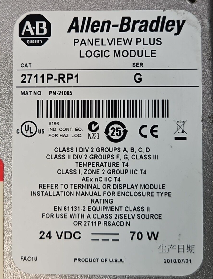 Allen Bradley PanelView Plus 2711P-RDT12C Ser D w/2711P-RP1 Ser G       (BIN123)