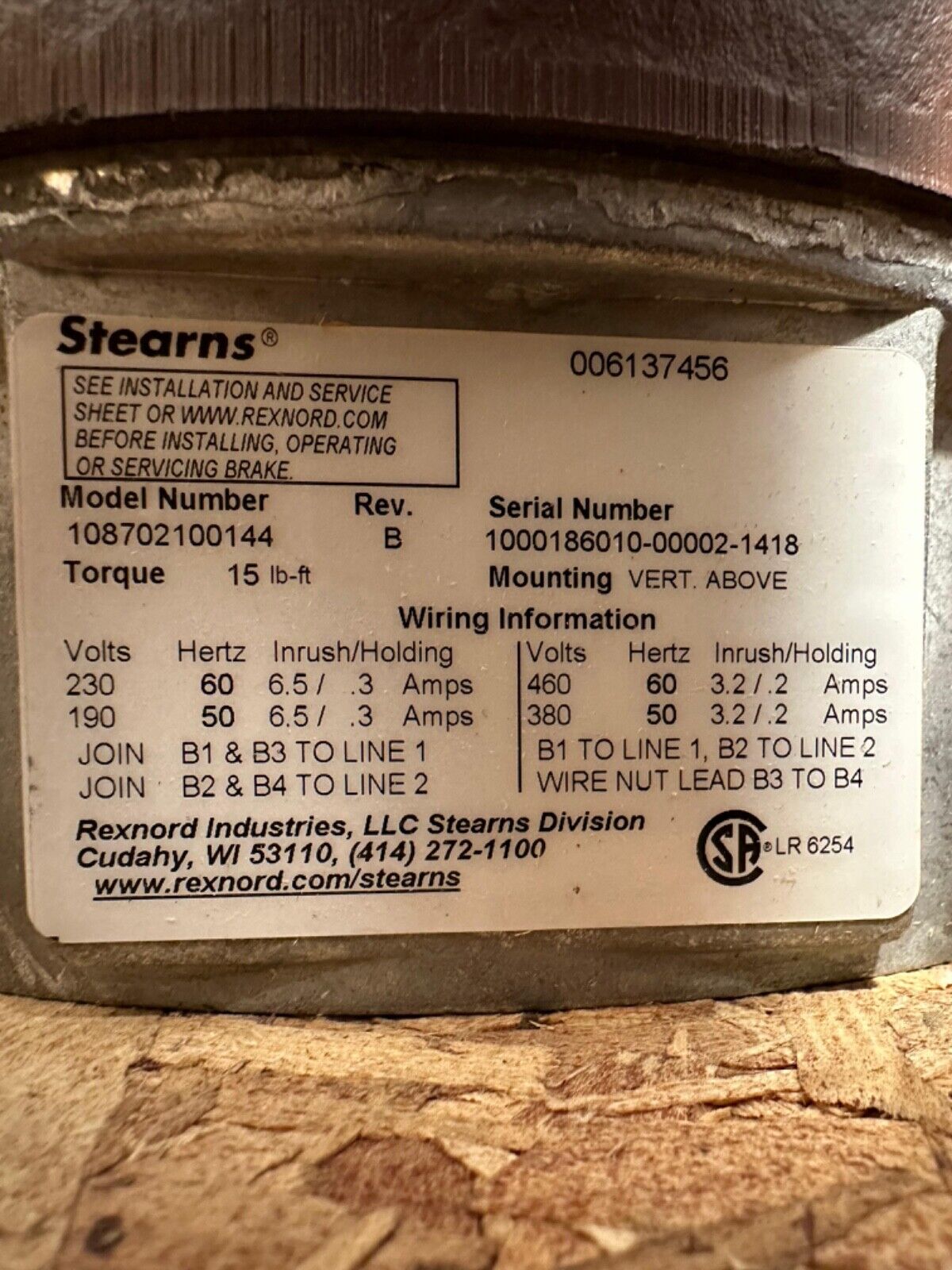 Stearns 108702100144 Rev. B Electric Brake 15lb-ft (1A-41)