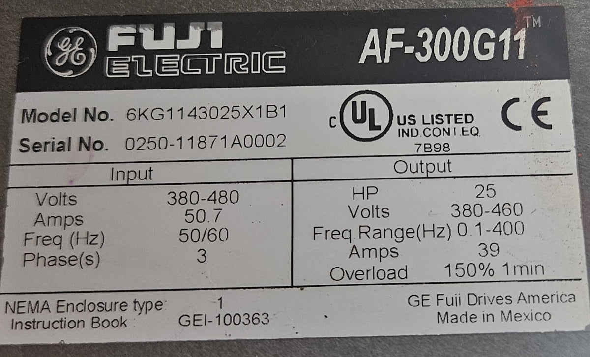 GE Fuji 6KG1143025X1B1 AF-300G11 Variable Frequency Drive 25HP          (BIN755)