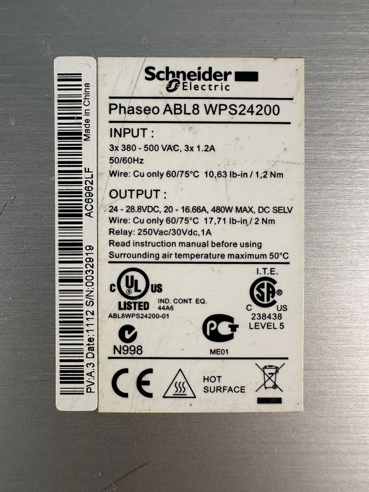 Schneider ABL8WPS24200 Out 24-28VDC Power Supply Input 380-500VAC (2.1.1)