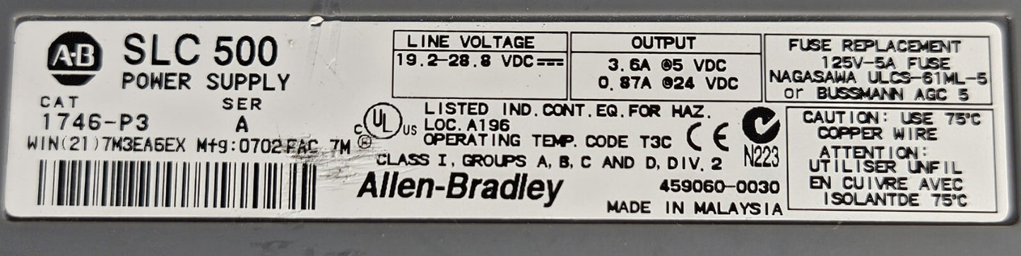 Allen Bradley 1746-A13 / 1746-P3 Slot Rack and Power Supply             (BIN622)