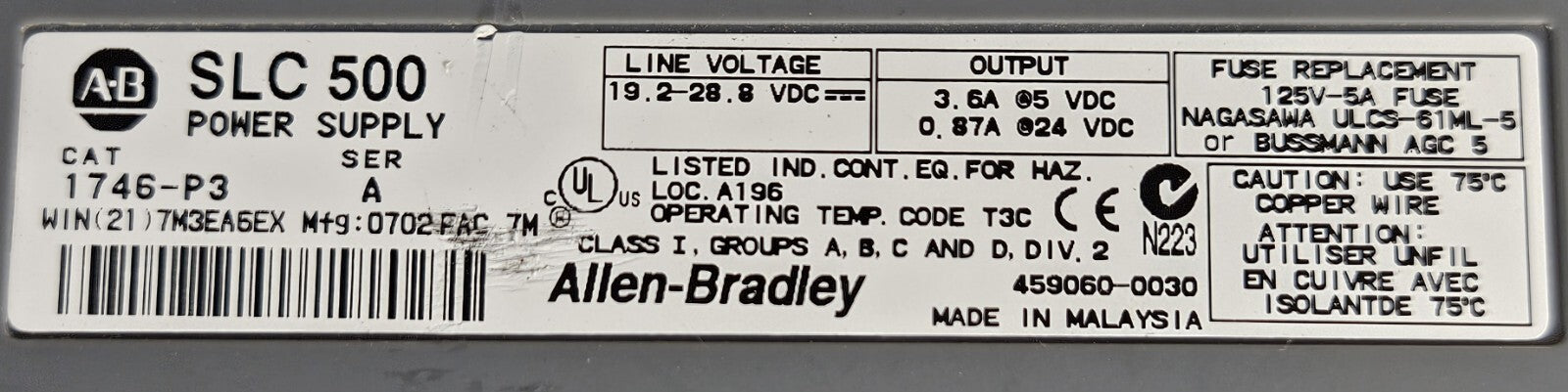 Allen Bradley 1746-A13 / 1746-P3 Slot Rack and Power Supply             (BIN622)