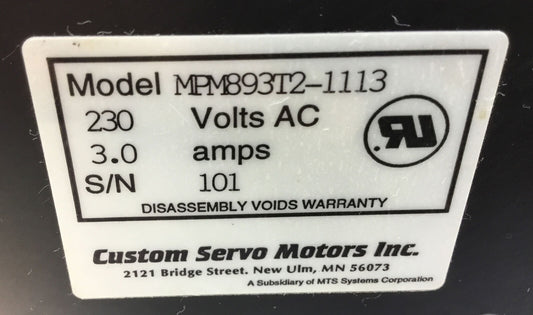CUSTOM SERVO MOTOR  MPM893T2-1113  230VAC 3.0A  B33-B    1E