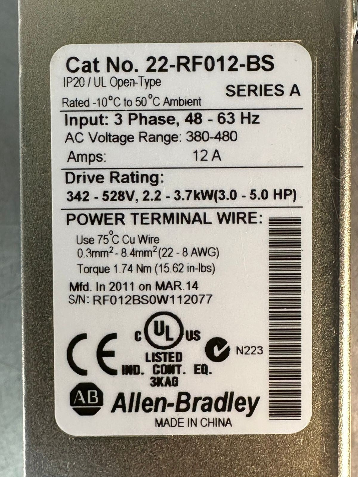 Allen-Bradley 22-RF012-BS /A Power Terminal Wire 3-PHASE 380-480VAC (2.1.3)