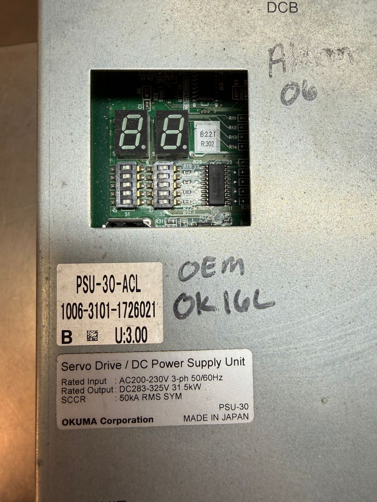 Okuma PSU-30-ACL Servo Drive Power Supply AC 200-230V 3Ph 50/60hz (11.6.3)