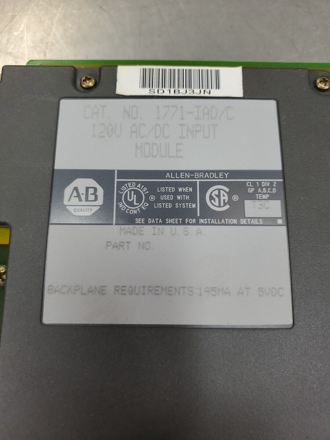 Allen Bradley 1771-IAD/C 120V AC/DC Input Module.                          3D-35