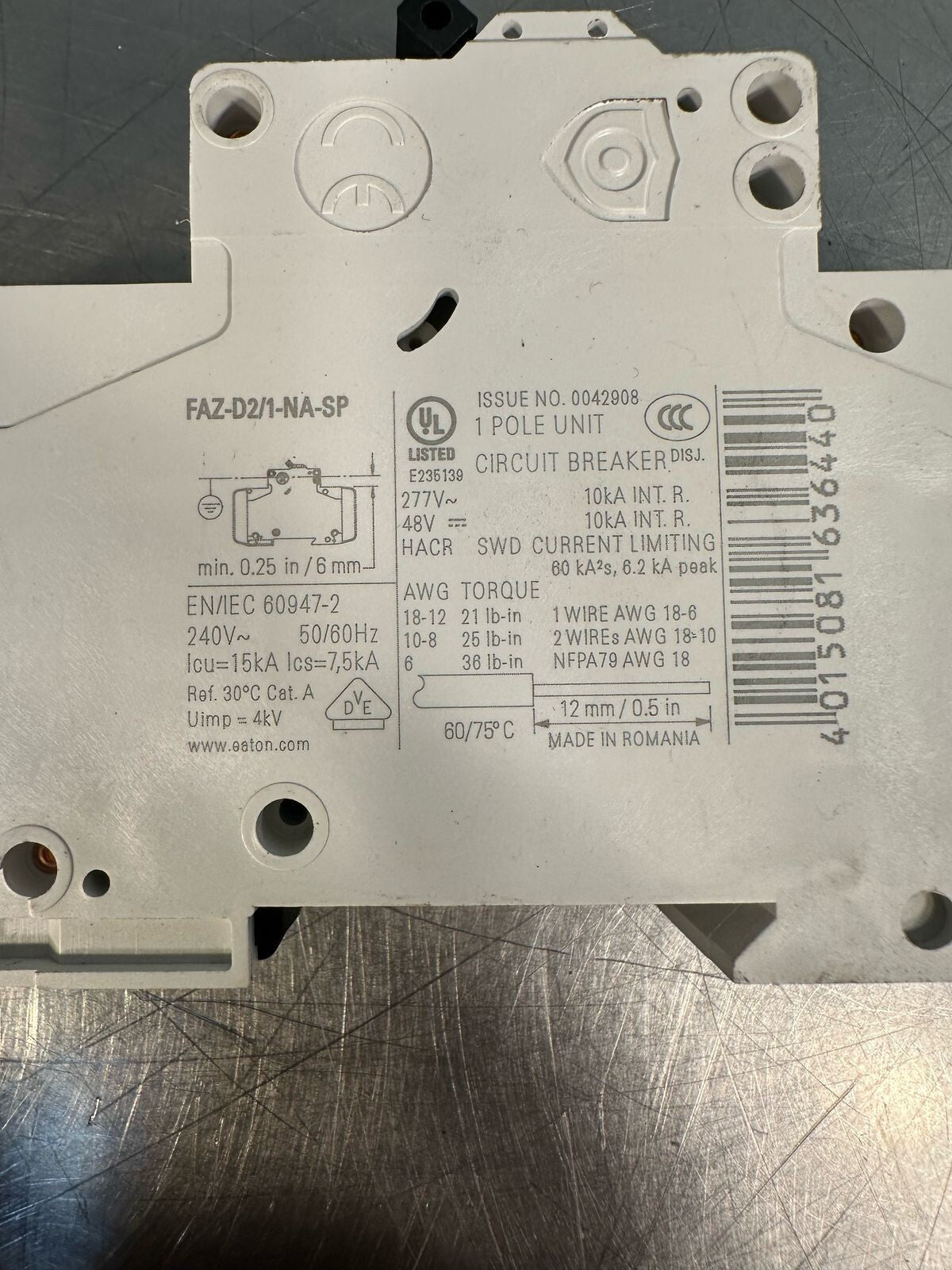 Eaton FAZ-D2/1-NA-SP IEC Miniature Circuit Breaker 2A D 1P 277V     (7.3.4)