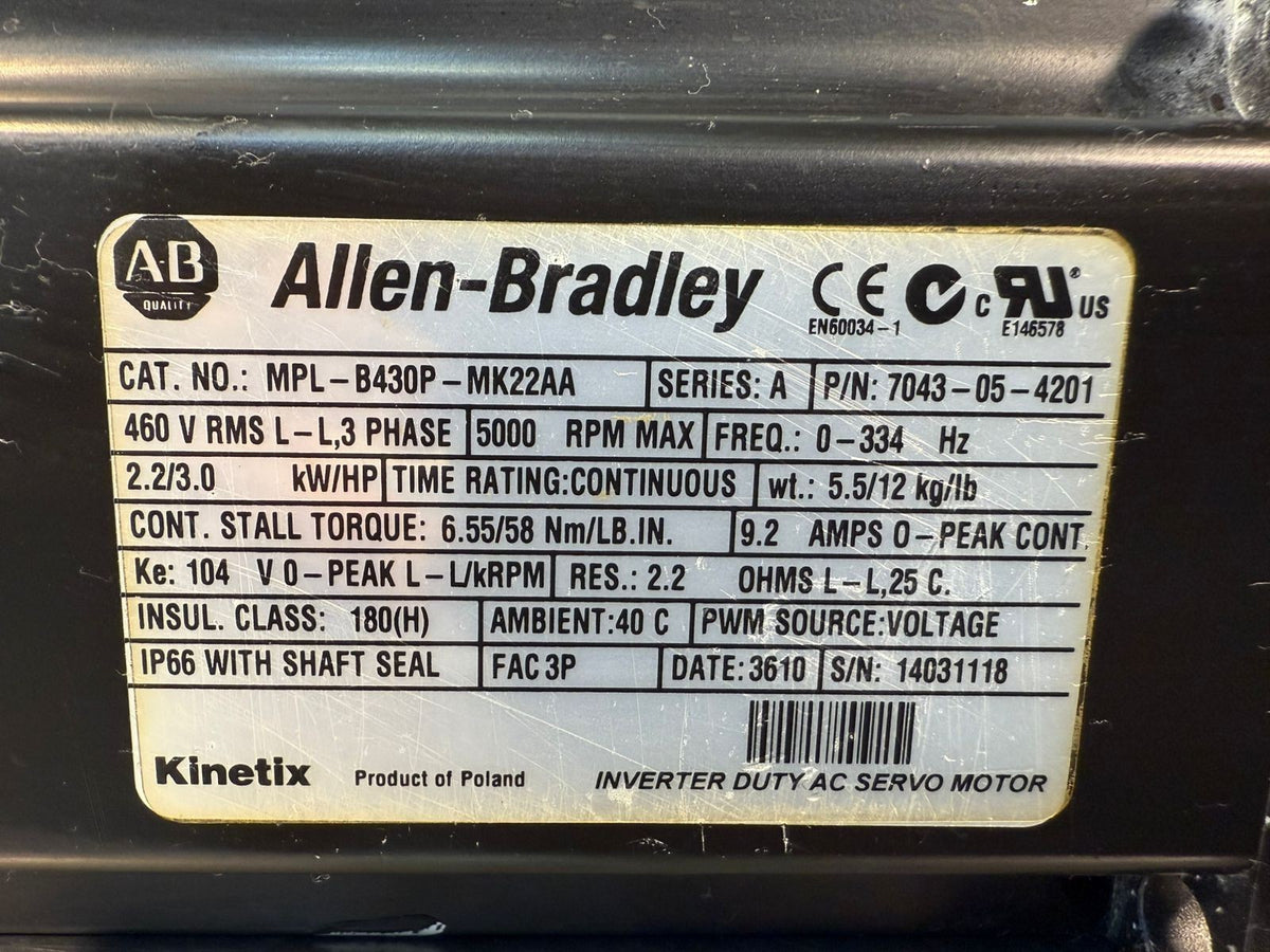 Allen Bradley MPL-B430P-MK22AA Serie A Servo Motor 5000RPM Max (3.6.2)