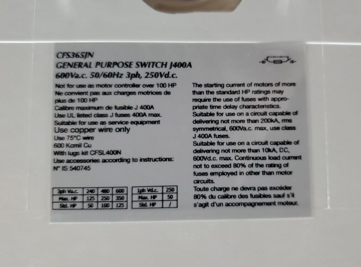 SIEMENS CFS365JN 600VAC/250VDC 350 AMP Fusible Switch w/AJT350 Fuses.         1D