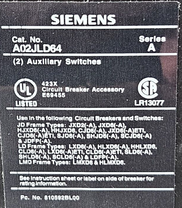 Siemens A02JLD64 Series A Auxiliary Switch                              (BIN645)