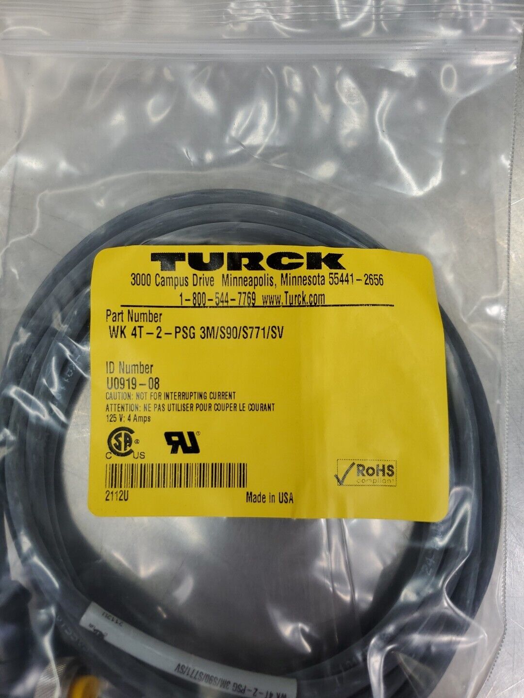 TURCK WK 4T-2-PSG 3M/S90/S771/SV (U0919-08) PLC Cable.                     5A-10
