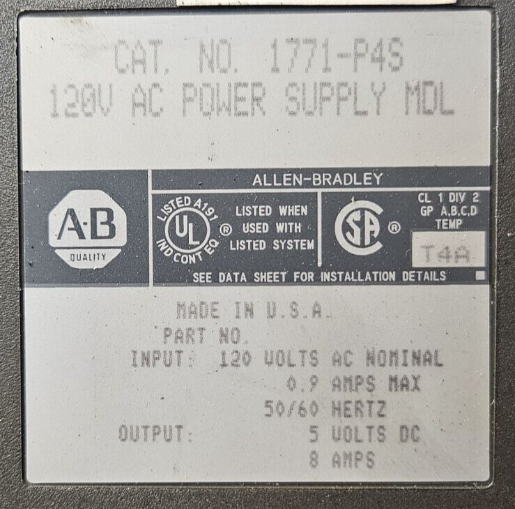 Allen Bradley 1771-P4S Power Supply Module 120V                         (BIN744)