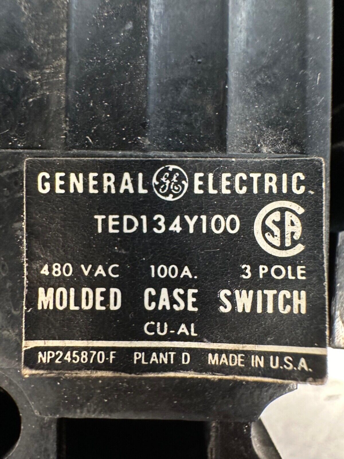 GE TED134Y100 480VAC, 100 AMP Used. -  Each  (4A-28)