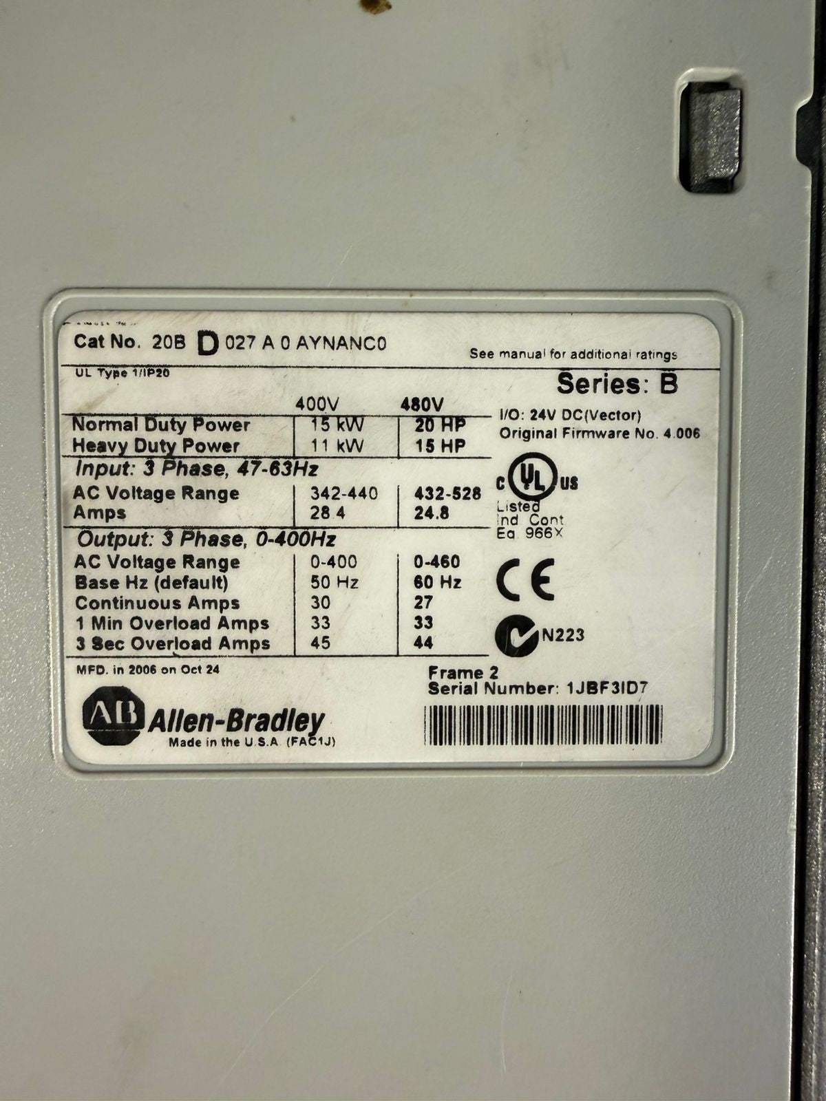 Allen Bradley PowerFlex 700 VFD 20BD027A0AYNANC0 /B 400/480V       (9.6.1)