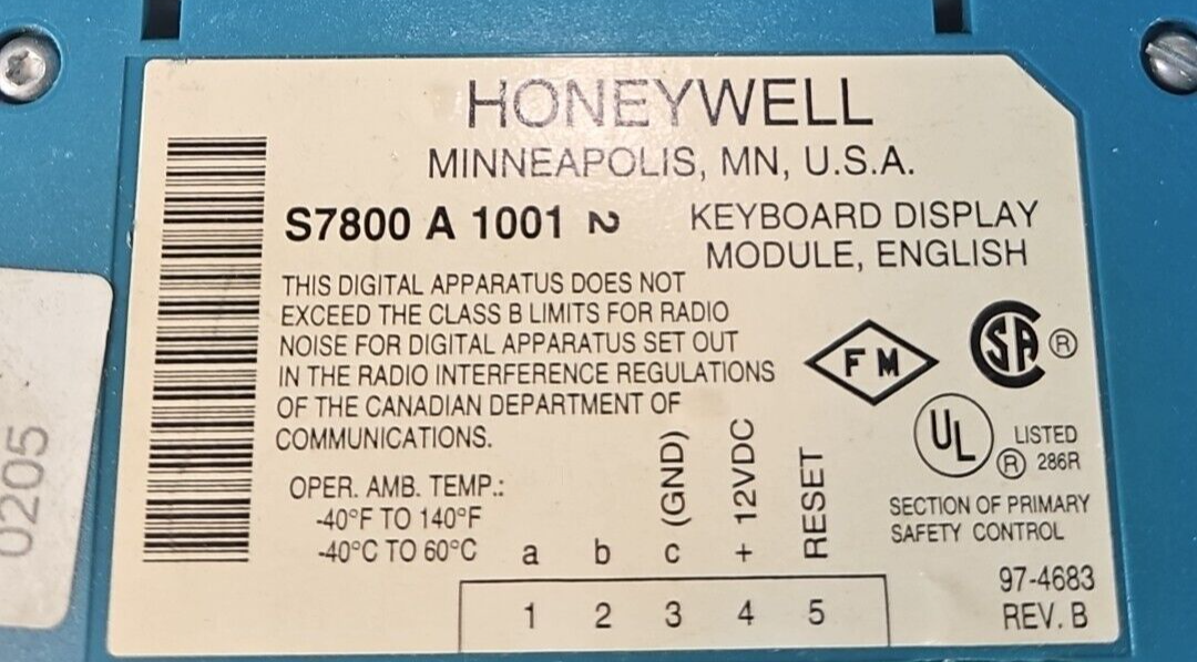 Honeywell S780CA1001 Burner Control Keyboard Display                      loc2C5