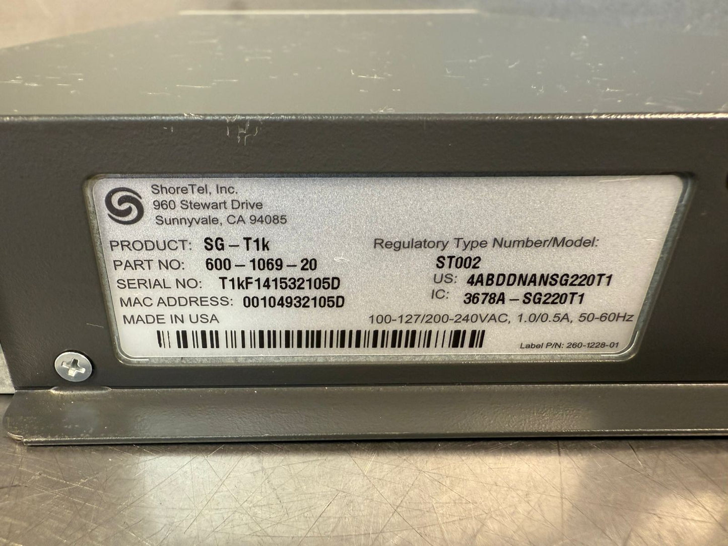 ShoreTel ShoreGear T1k SG-T1k 600-1069-20            (12.5.8)
