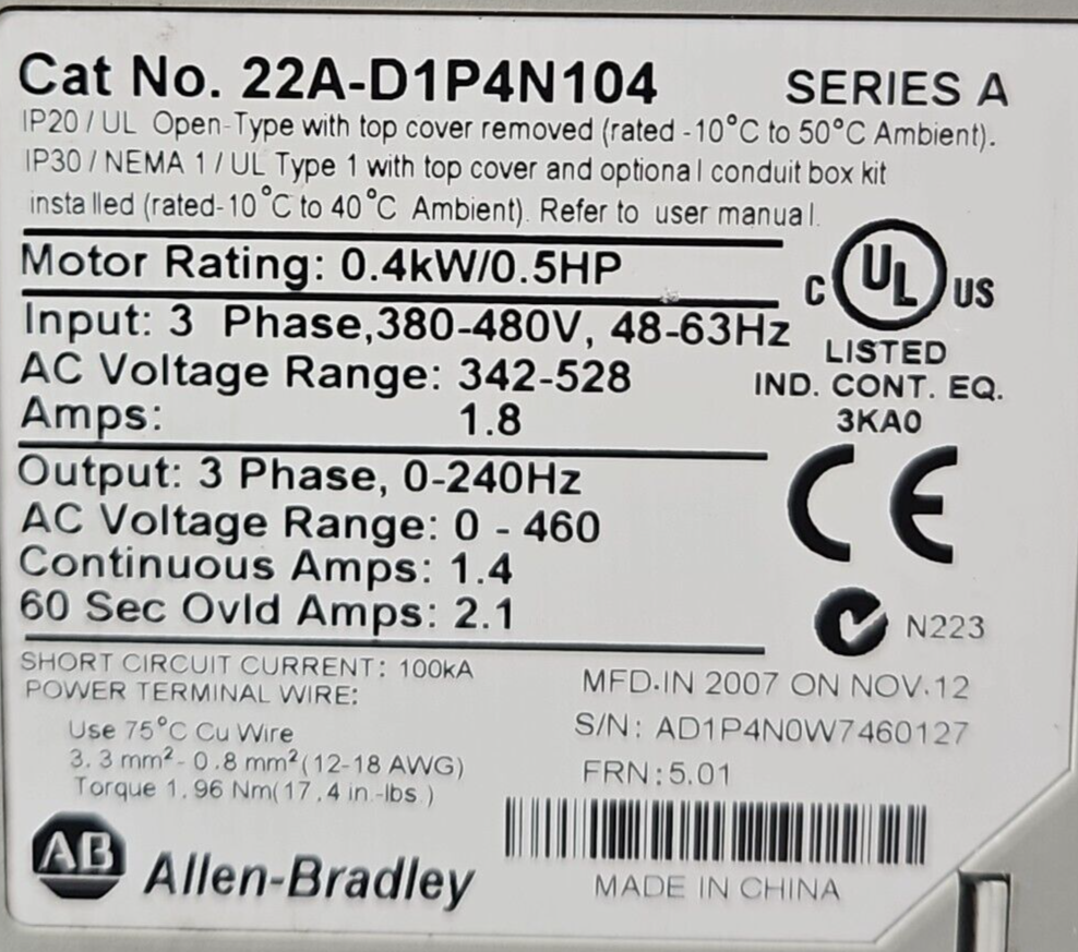 Allen-Bradley 22A-D1P4N104 Ser A PowerFlex4 AC Drive                    (BIN414)