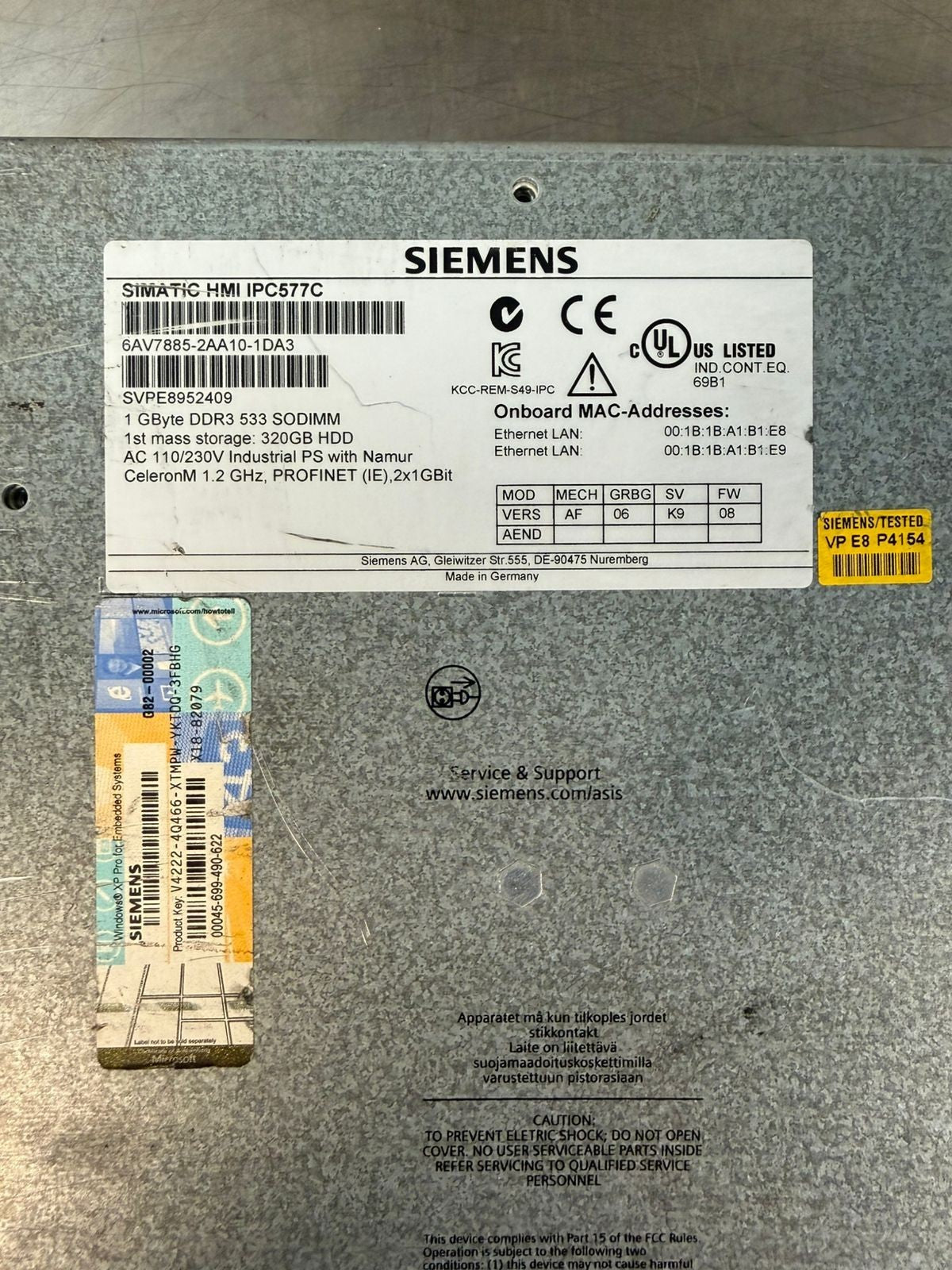 Siemens 6AV7885-2AA10-1DA3 Simatic HMI IPC577C 1Gb DDR3 533 Sodimm (12.5.3)