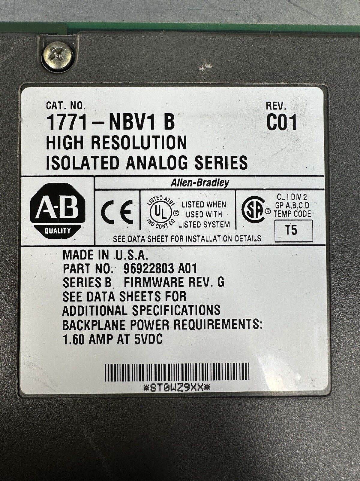 Allen-Bradley- 1771 - NBV1 - HIGH RESOLUTIONISOLATED ANALOG SERIES (BIN-1.2.3)