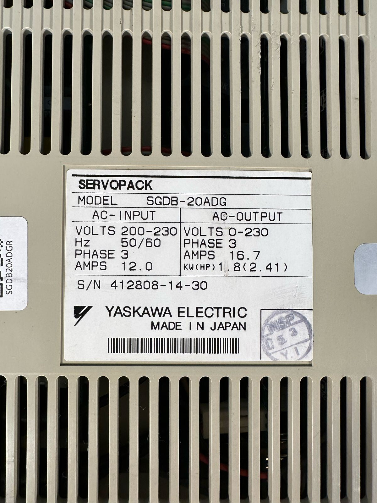 Yaskawa SERVOPACK SGDB-20ADG / SGDB20ADG 1.8KW 16.7A 2.41HP (4.6.2)
