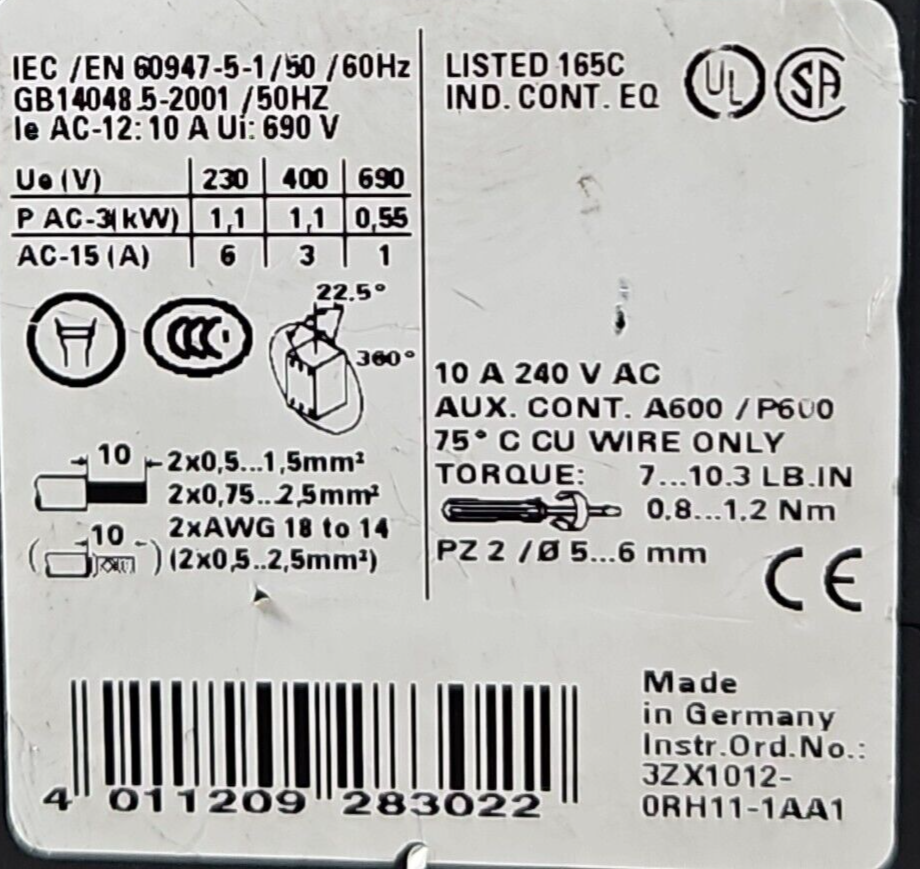 Siemens 3RH1140-1AK60 Contactor 110/120V 50/60Hz                          loc4D3