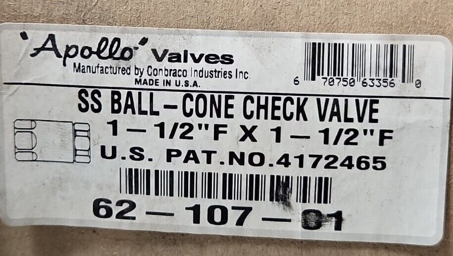 Apollo Valves 62-107-01   1-1/2" Stainless Steel Check Valve Inline.     loc5C18