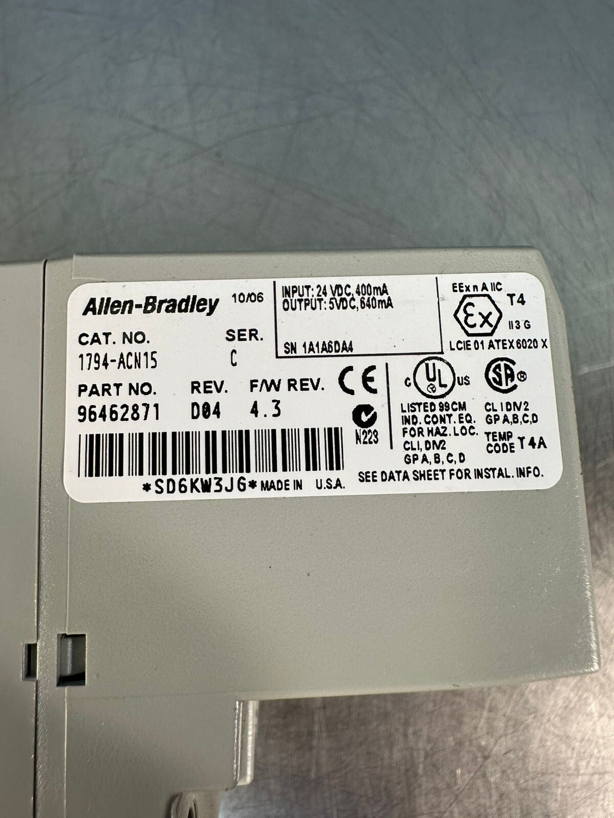 Allen-Bradley 1794-ACN15 /C I/O Adapter Mod. REV D04 F/W 4.3 DC (6.3.1)