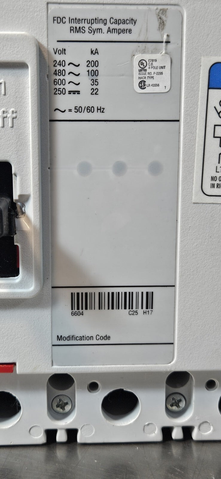 Eaton FDC 100K / FDC4020L 20A 600VAC 4 poles  Circuit Breaker           (BIN732)