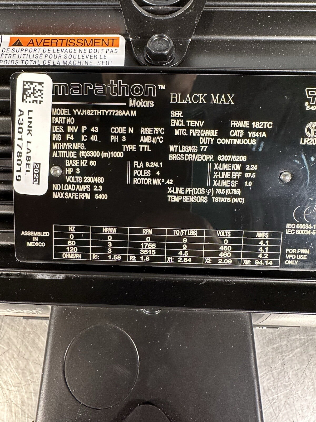 New Marathon Black Max Electric Motor 3 HP YVJ182THTY7726AA M (7.5.3)