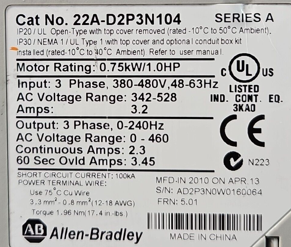 Allen Bradley 22A-D2P3N104 Series A Powerflex 4 1 HP AC Drive           (BIN644)