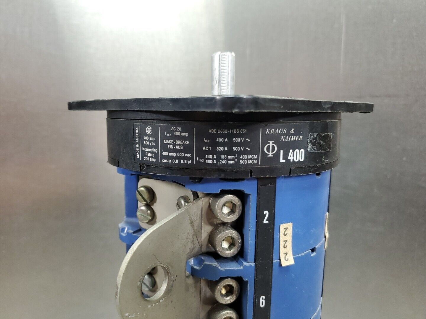 KRAUS & NAIMER L400 (VDE 0660-I/BS 861) MAKE-BREAK SWITCH, 400A 600VAC.       4D