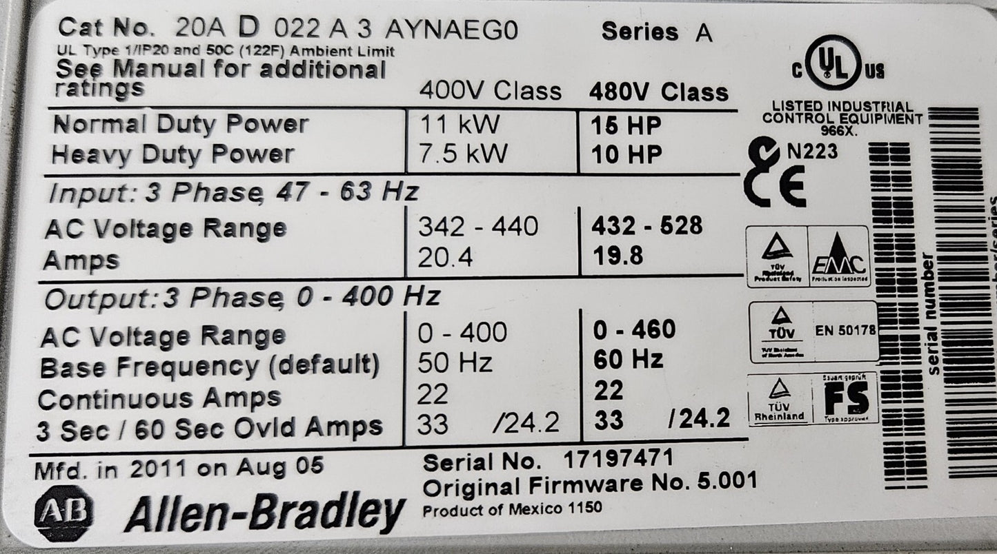 Allen Bradley 20AD022A3AYNAEG0 Ser A PowerFlex 70 AC Drive        (BIN3.6.4)