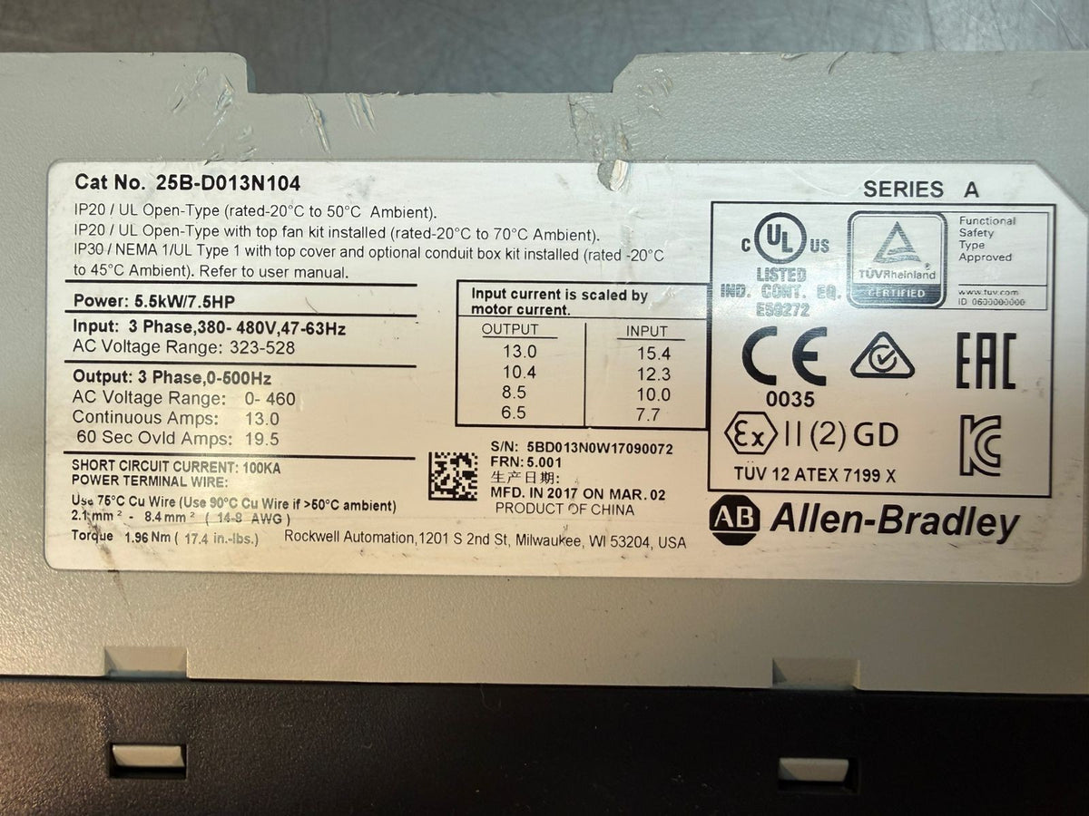 Allen Bradley PowerFlex 525 25B-D013N104 5.5kw 7.5 HP 380-480 3ph (3.4.2)