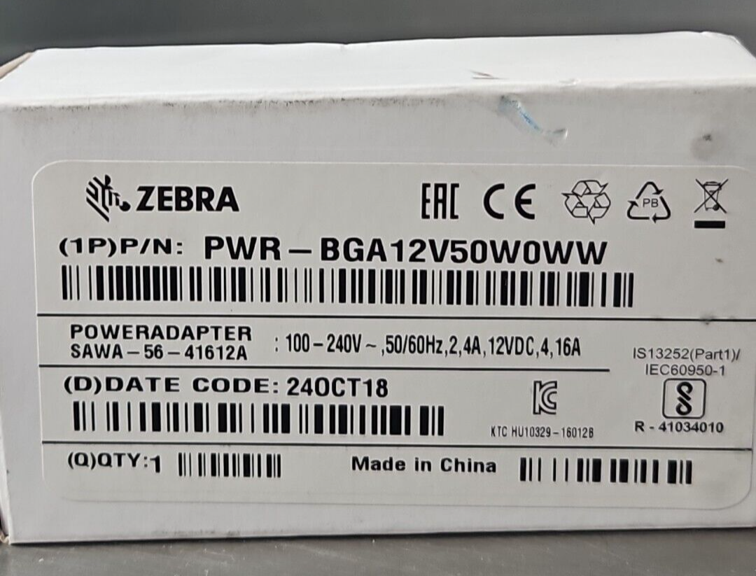 Zebra PWR-BGA12V50W0WW Power Adaptor 50/60Hz 4A 12VDC                   (BIN344)