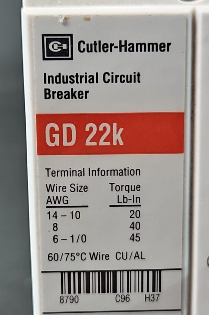 Eaton GD22k Circuit Breaker 480VAC 125/250 VDC                          (BIN332)