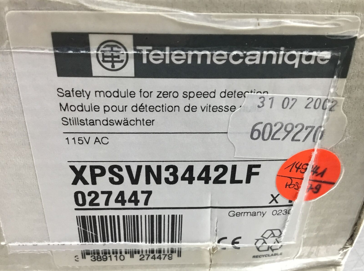 Telemecanique Type: XPS-VN. XPSVN3442LF Safety Relay Zero Speed Detection  4E-24