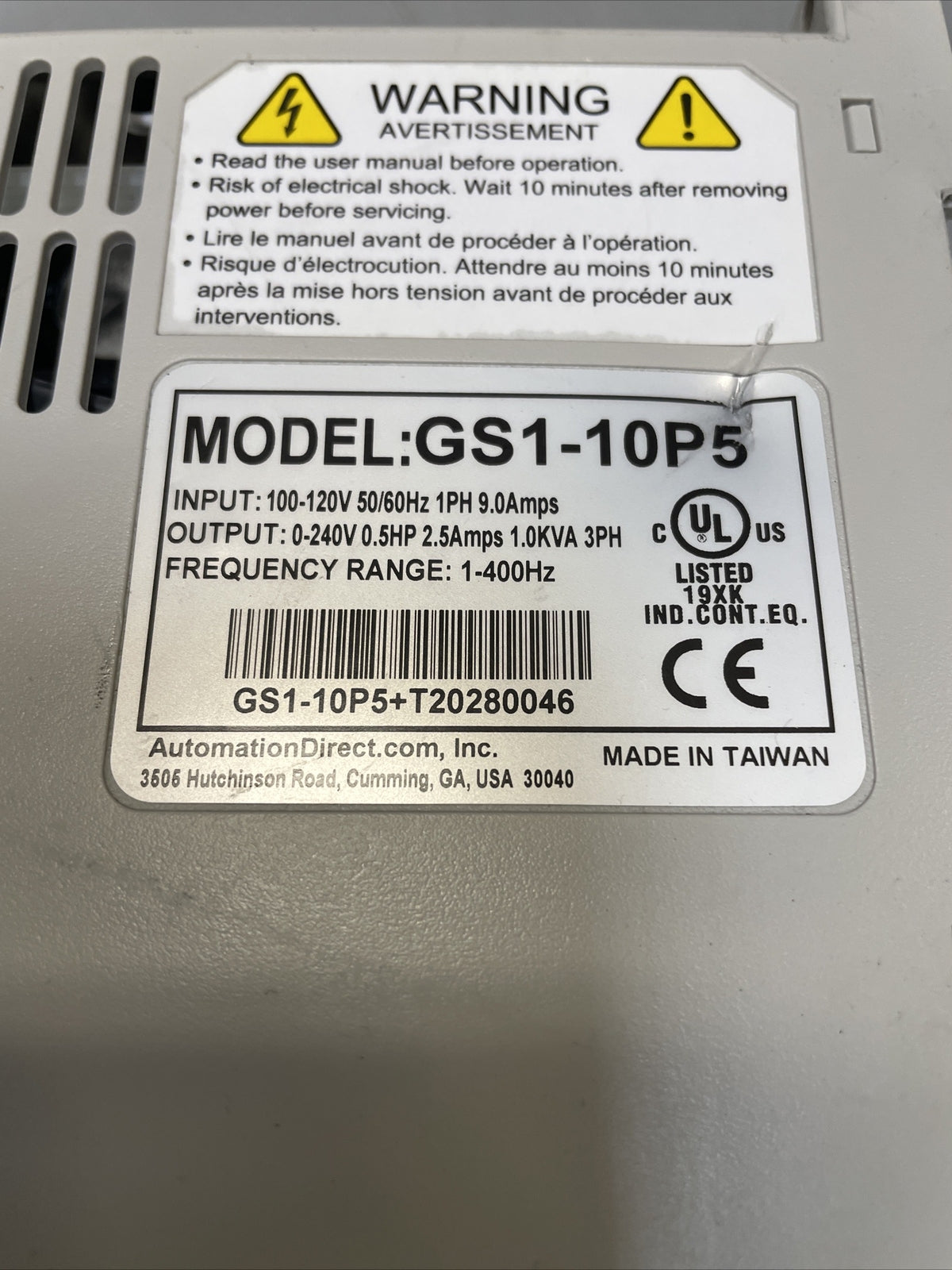 Automation Direct AC Drive GS1-10P5, 120V, 0.5 HP @2B (BIN 4.4.4)