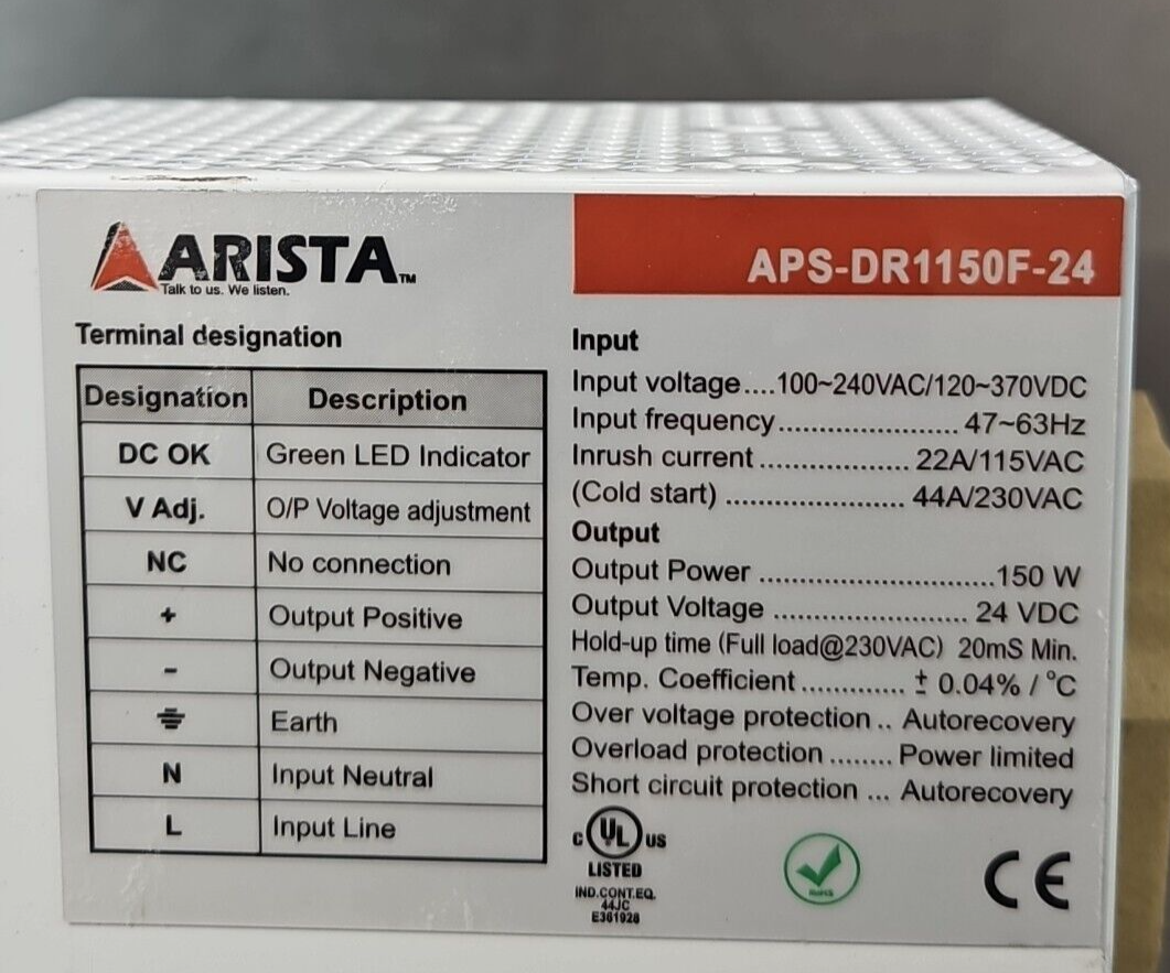 ARISTA APS-DR1150F-24 DIN-RAIL Power Supply 150W Output Power           (BIN413)