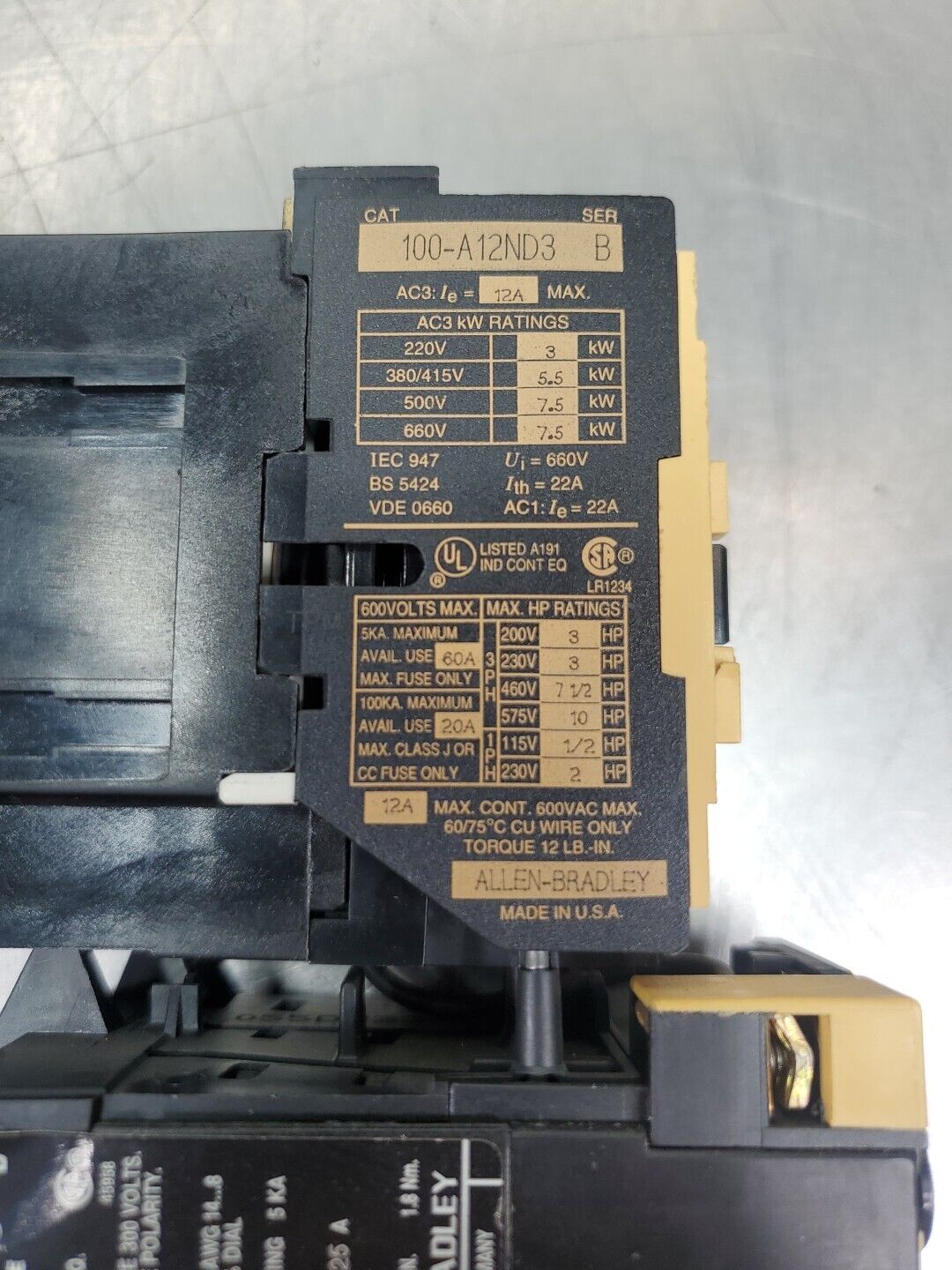 Allen-Bradley 100-A12ND3/B Contactor w/193-BSB16B Trip Module.             4C-13