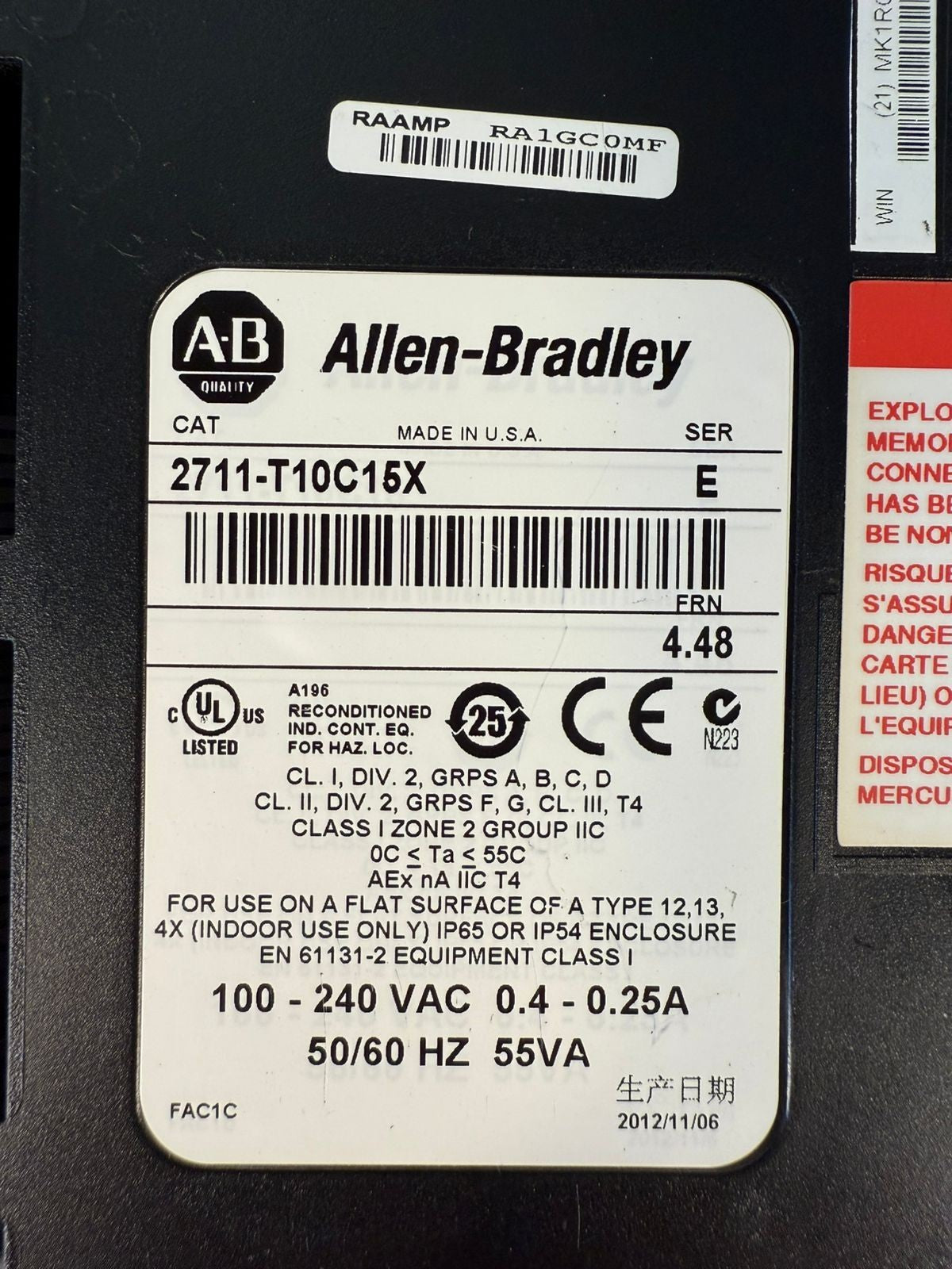 Allen-Bradley 2711-T10C15X /E PanelView 1000 Frn4.48 100-240Vac  (8.3.2)